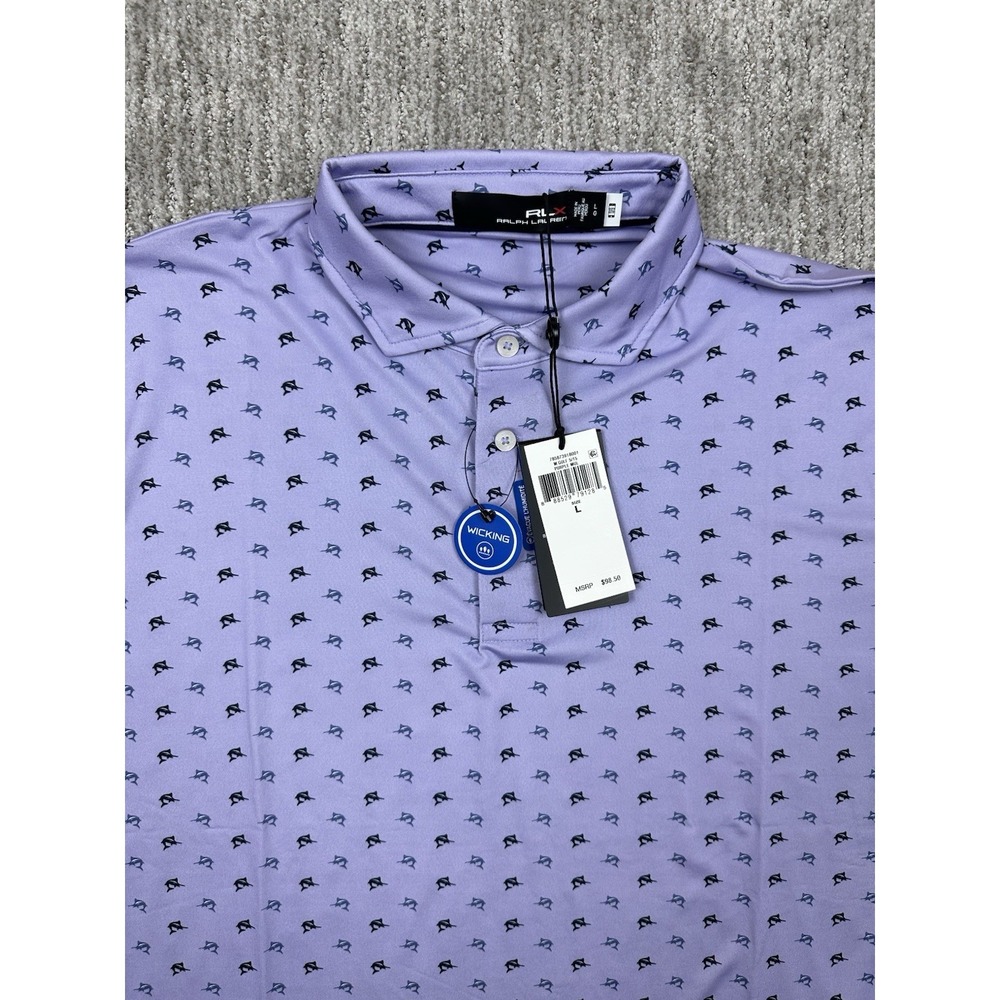 RLX Ralph Lauren Polo Shirt Men's Purple Marlin Fish AOP Golf Performance Size L